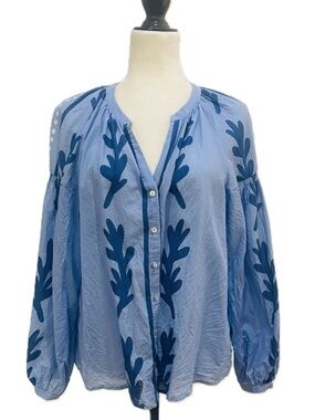 DR2 Light Blue Button-Down Top with Navy Embroidery